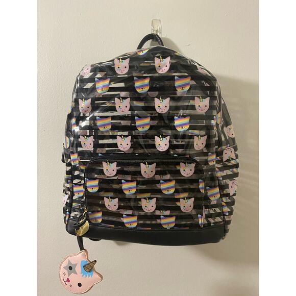 LUV BETSEY JOHNSON Kitty Unicorn Lg Black Striped Clear Backpack NWOT - Picture 1 of 9